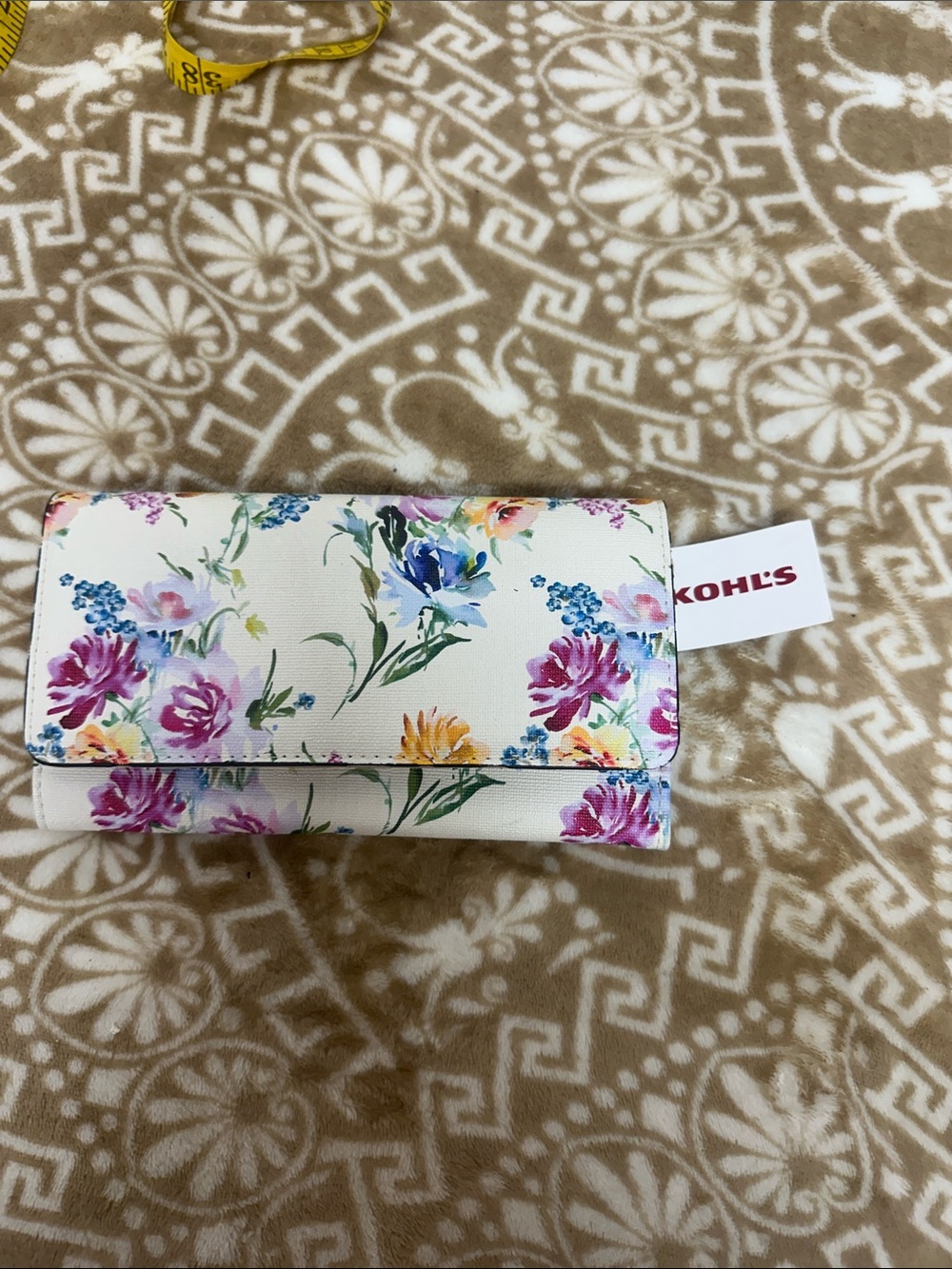 Kohl's White Floral RFID Trifold Wallet with Pink, Purple, Blue and Yellow